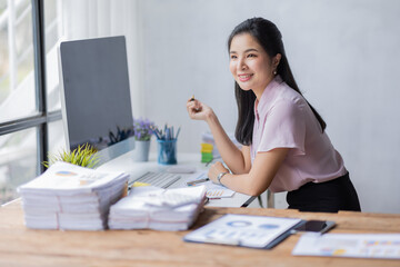 Business Documents, Auditor business Asian woman checking searching document legal prepare paperwork report analysis TAX time, accountant Documents data contract partner deal in the workplace.
