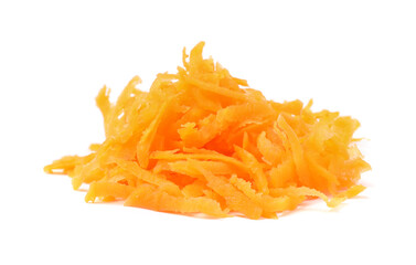 Pile of fresh grated carrot on white background