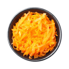 Fresh grated carrot in bowl isolated on white, top view