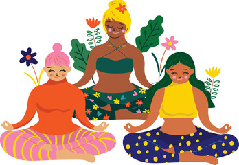 self-care theme: girls, heart, mask, flower,meditation,illustration, hand drawn style