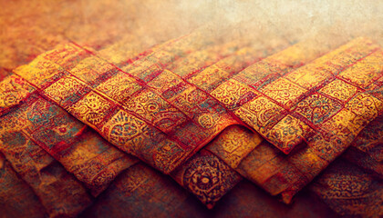 3D Render close up shot of indian fabric with colorful pattern. Abstract background.