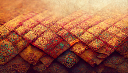 3D Render close up shot of indian fabric with colorful pattern. Abstract background.