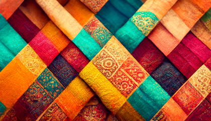 3D Render close up shot of indian fabric with colorful pattern. Abstract background.