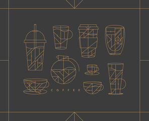 Set of creative modern art deco coffee cups in flat line style drawing on dark background.