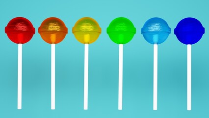 Shiny lollipops on sticks in different colours and flavors isolated on blue background. 3d rendering