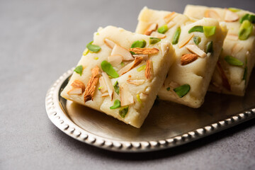 Milk powder barfi also known as Mava burfi, white Khoya burfi or Barfee, Indian Sweet food