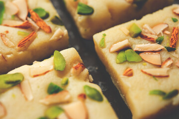 Milk powder barfi also known as Mava burfi, white Khoya burfi or Barfee, Indian Sweet food