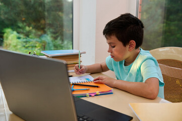 Fototapeta na wymiar Distance learning, online education. Caucasian happy schoolboy with book studying at home with laptop and doing school homework. Back to school concept with copy advertising space