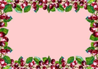 Cherry, frame, fresh natural health product. Watercolor illustration. Isolated. For labels, packaging and banners.