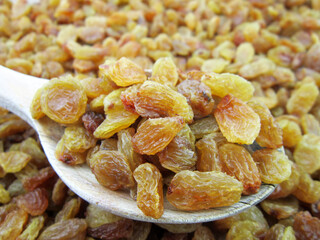     yellow golden raisins in wooden spoon      
