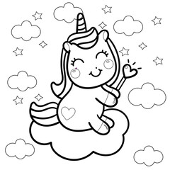 Cute cartoon unicorn. Black and white vector unicorn  illustration for coloring book for kids, Creepy Kawaii , cute pastel Baby unicorn coloring page. unicorn icon