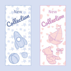 Vector labels with the word new collection and toys in pink and blue