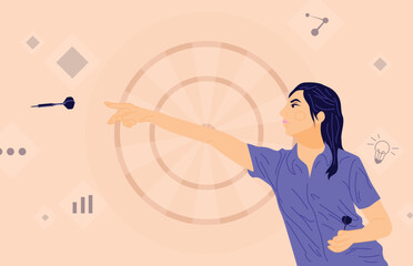 Girl aim to target. Work in focus, productivity and self discipline. Powerful female character achieves goal. Flat Vector Illustration