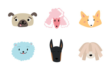 Set of cute muzzles of dogs in cartoon style. Set of different breeds of dogs. Design elements for stickers, banner, poster, cards, prints, wrapping paper
