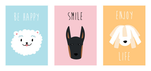 A set of cute postcards with dogs. Motivational phrases. Various breeds of dogs. Pastel colors of postcards. Kawaii cards, posters, banners, prints