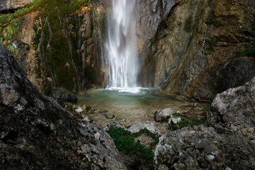 Naklejka na ściany i meble Alpine Waterfall Sopota and its Lagoon near Ljubinj, Tolmin Slovenia