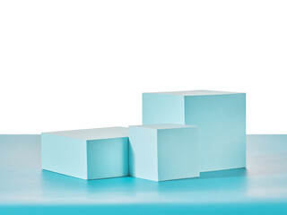 Three podiums for product presentation on blue table with isolated background