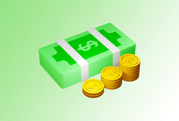3D Bundles cash and Dollar coins.Stack of money and gold coins 3D rendering.