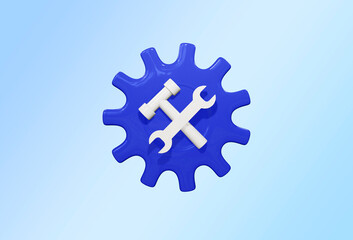3D Blue Crossed hammer and wrench spanner icon. Repair symbol or setting icon 3d rendering.