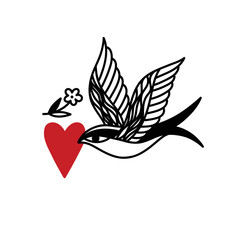 swallow with heart, traditional tattoo design doodle icon, vector color line illustration