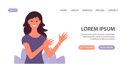 Young woman presenting information. Smile face. Gesture and speak. Business consultant girl. Training course, webinar and presentation. Design template for banner, website. Flat vector illustration