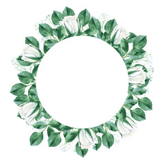 Fototapeta premium White roses round frame isolated on white background. Watercolor illustration. Rustic style.