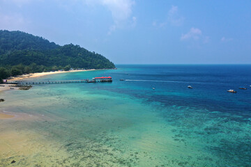 Tioman tropical island drone photo with beautiful blue sea and sky. South china sea Southeast Asia.