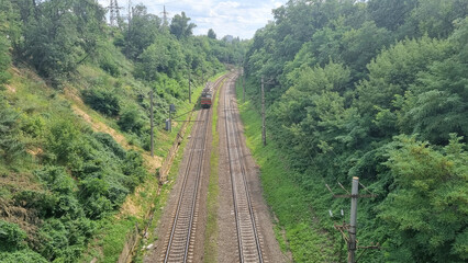 train on railway, railway road in the forest, jungle 