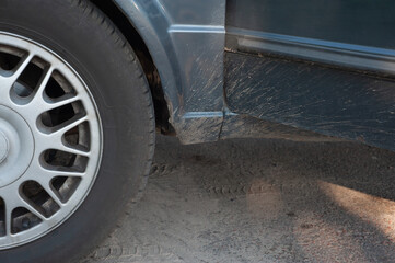 Alloy car wheel rim with break and tire close up view