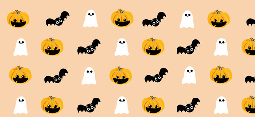 Seamless pattern with halloween theme. Halloween themed pattern for wallpapers or gift wrapping. Cute pumpkins pattern. Cute ghost pattern. Cute bat pattern.