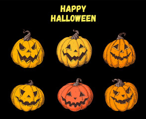 Halloween Pumpkin icons illustration. Hand drawn vector illustration. Jack o Lantern. Vintage design for the holiday Halloween. Design elements