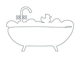 Foam bath in single continuous line. Bathtub with rubber duck one line. Bathtub silhouette in minimalist style. Flat vector illustration isolated on white background.