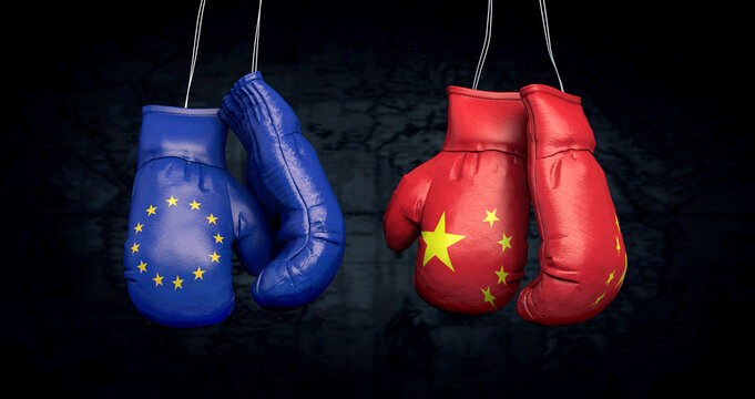 Hanging boxing gloves with the flag of the European Union and the National Flag of the People's Republic of China illustrate the tensions between the two countries