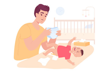 Cartoon father changing diaper of crying baby. Young man taking care of little child flat vector illustration. Parenting, fatherhood, baby care concept for banner, website design or landing web page - obrazy, fototapety, plakaty