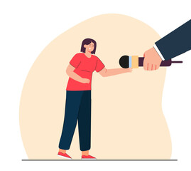 Huge hand giving mic to confused girl flat vector illustration. Tiny woman speaking into microphone in public. Performance, information, speech concept for banner, website design or landing web page
