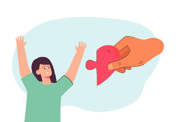 Fototapeta na wymiar Huge hand giving half of heart to girl flat vector illustration. Woman searching for soulmate. Love, relationship concept for banner, website design or landing web page