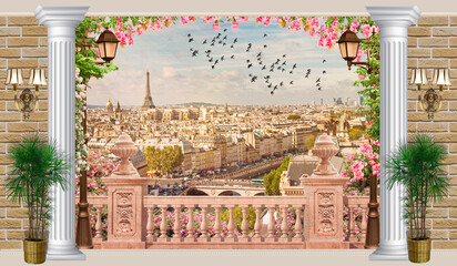 The flower-covered balcony offers a beautiful view of the Eiffel Tower. Digital collage, mural. Photo wallpapers. © ART-poster
