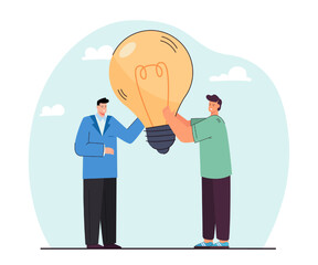 Man giving lightbulb to businessman flat vector illustration. Person sharing creative ideas. Innovation, invention, startup, brainstorming concept for banner, website design or landing web page