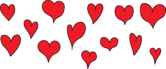 Simple hand drawn red hearts collection. Doodle design cartoon illustration.