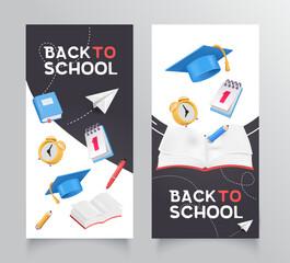 Collection Back to school banner with school supplies on background. Vector 3d illustration. Stationery items. Pens, pencils and marker pens.