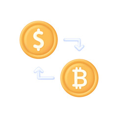 3D Bitcoin and Dollar exchange illustration. Cryptocurrency exchange. Buy or sell currency online. Finance, global digital money. Cryptocurrency transaction. Online banking.
