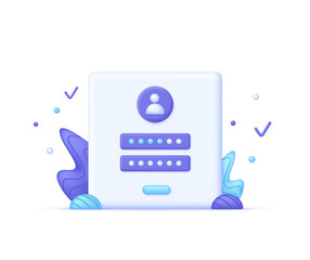 3D Account login and password form page illustration. User authorization, sign in to account, authentication page. Can be used for many purposes.