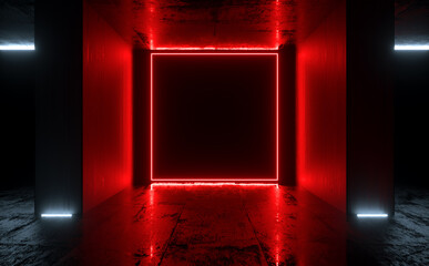 Modern Sci Fi Futuristic Red Rectangle Laser Neon Light Glowing Cement Corridor Hallway Perspective 3d Rendering Illustration