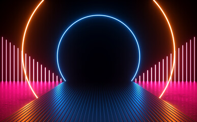 Fototapeta premium 3d Rendering Modern Minimal Empty Space Circle Neon Glowing Vibrant Electric Sci Fi Futuristic Abstract Illustration