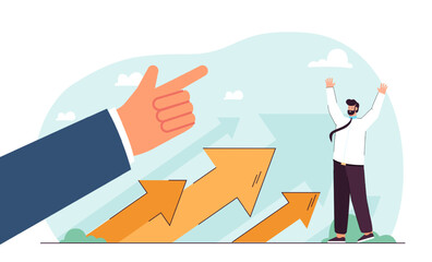 Huge hand pointing at successful businessman. Man rejoicing over raising financial statistics flat vector illustration. Wealth, business, market concept for banner, website design or landing web page