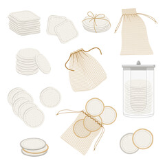 Reusable cotton makeup remover vector illustrations set. Cotton pads for ecological lifestyle, eco friendly beauty product isolated on white background. Zero waste, hygiene, ecology, skin care concept © PCH.Vector