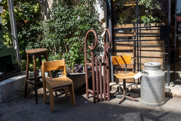 Scene of the flea market, with sellers and shoppers, in downtown Haifa, Israel