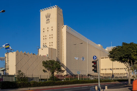 Haifa, Israel - 20 July 2022, Grain Silo Dagon is 68m high and has capacity of 100 000 tons. Dagon Museum of Grain Handling on the ground floor of the silo.