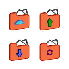 isometric vector illustration. collection of isometric orange folders with different symbols, signs. on an isolated background.