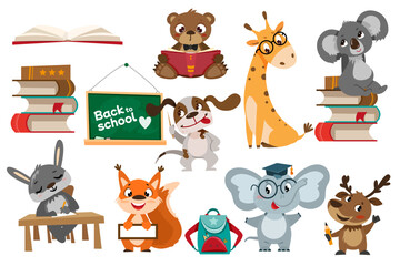 Fototapeta premium Set of school animals. Funny cartoon pupil characters writing, studying, reading books. Cute dog teacher at blackboard and elephant in graduation cap. Vector illustration in cartoon style for children